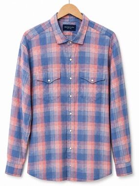 Proper Cloth Custom Plaid Pearl Snap Western Shirt Blue Pink 100% Cotton Men XL